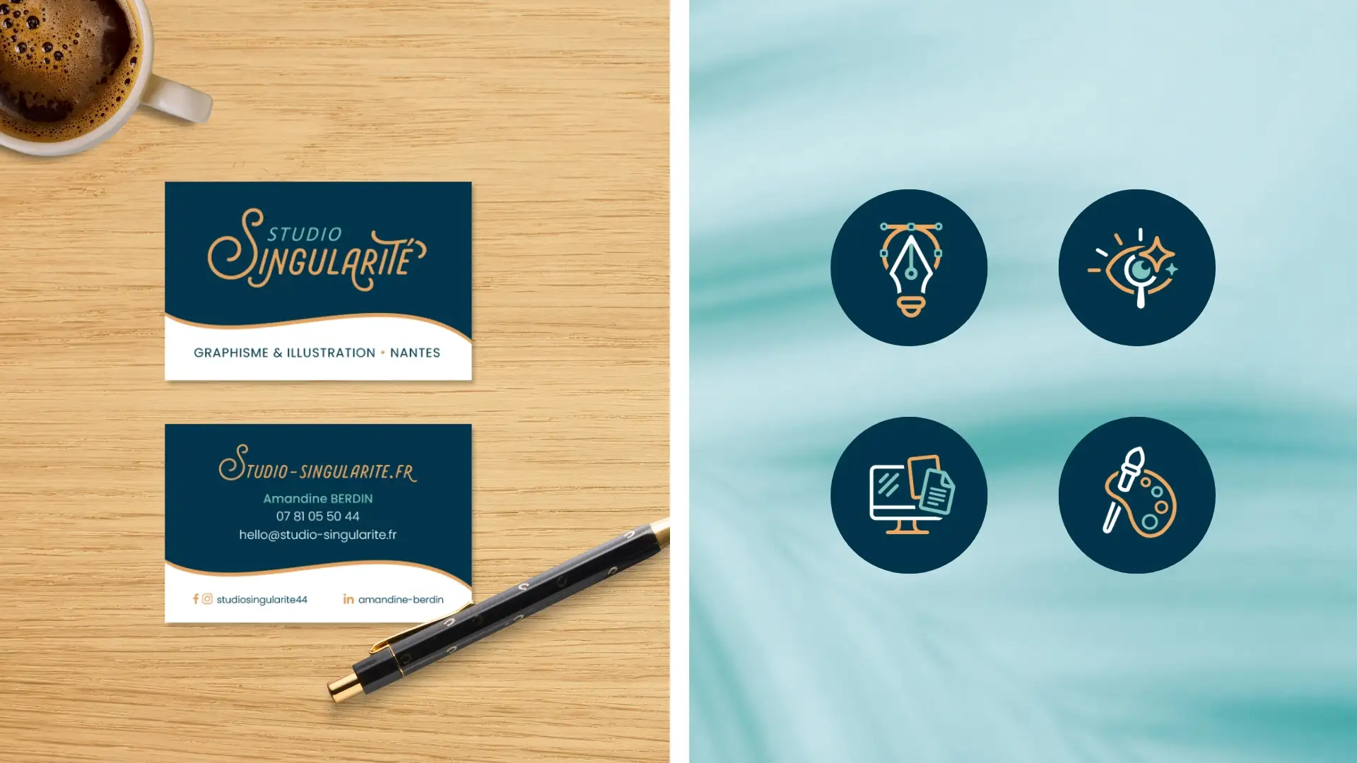 La carte de visite et les pictogrammes renforcent l'identité visuelle sur mesure du studio