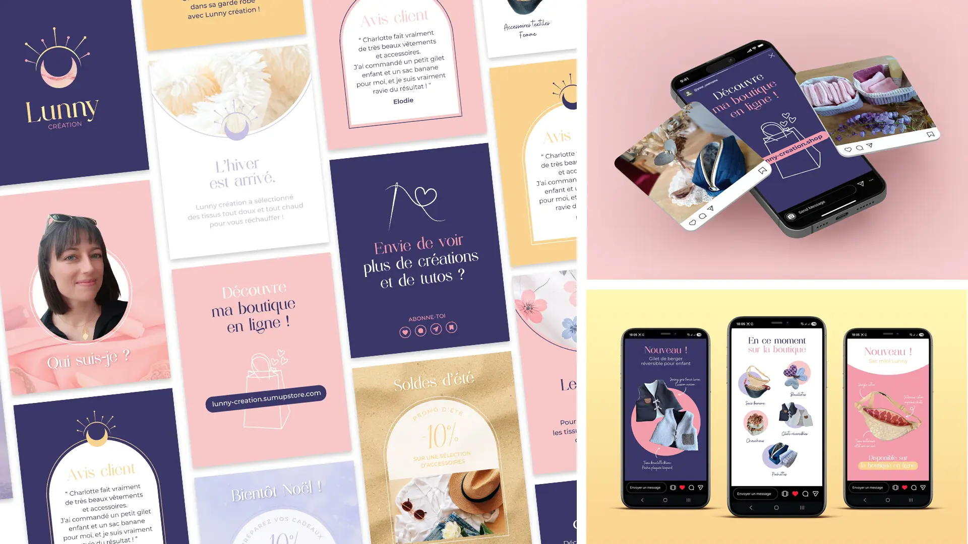 Kit de templates Canva Instagram sur mesure pour Lunny Création, une créatrice textile nantaise